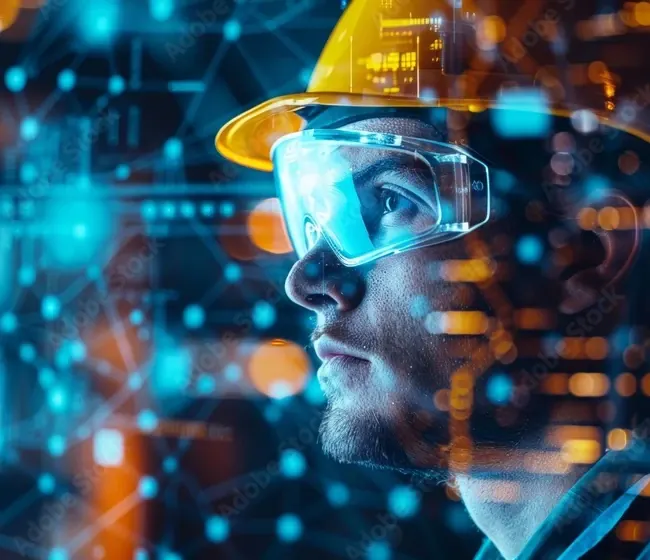 Builder wearing a hard hat and smart glasses with digital overlays