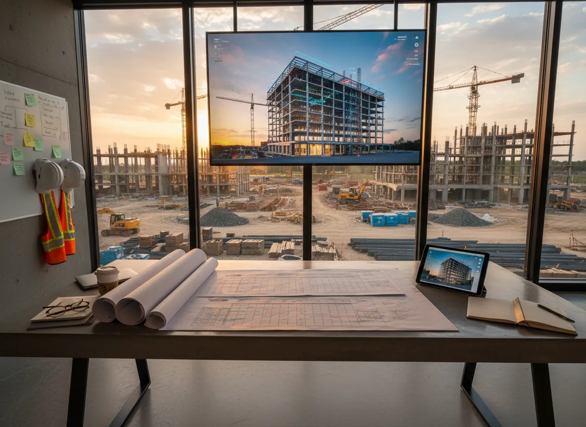 Construction plans on a desk overlooking an active job site