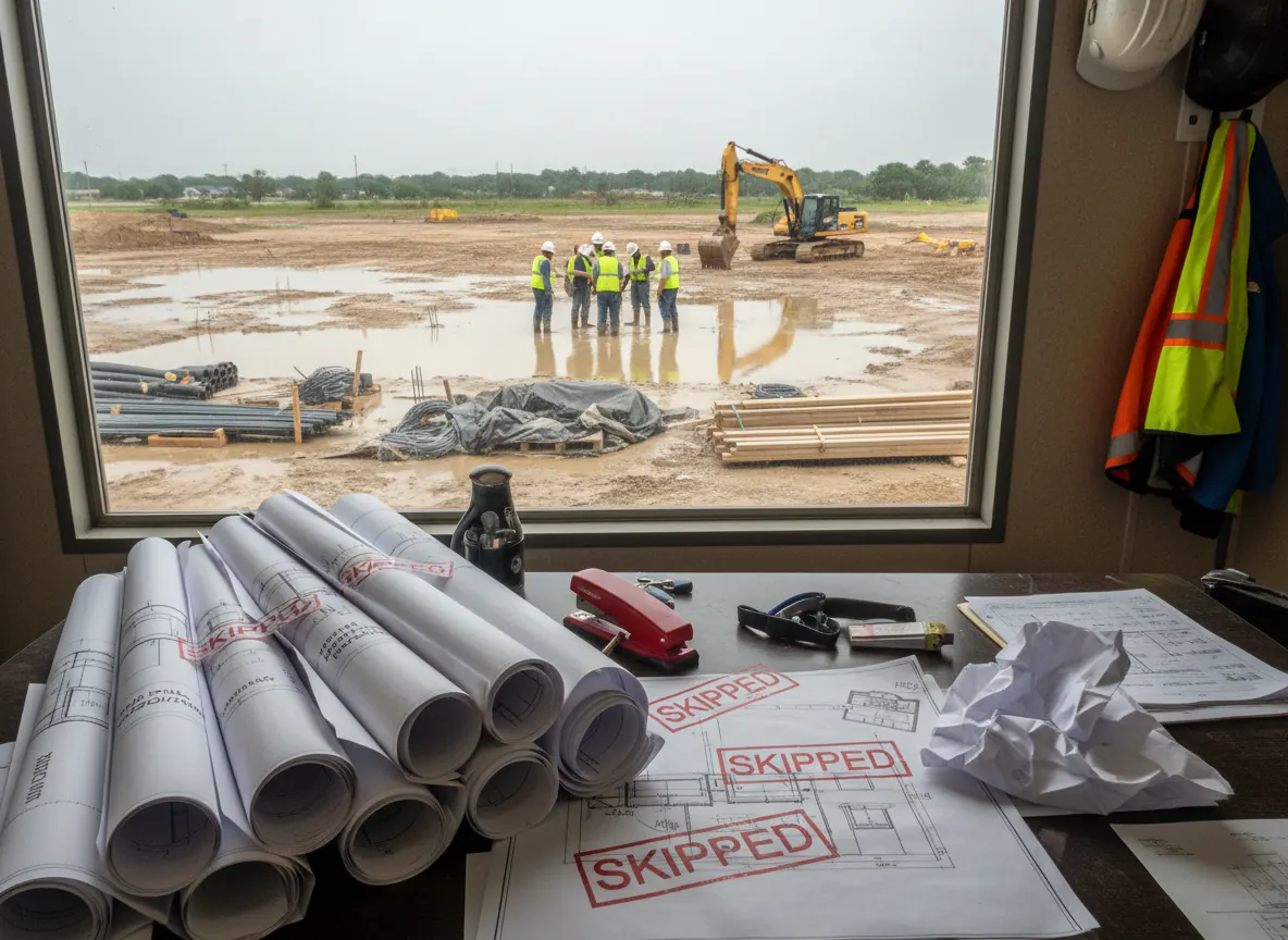 Construction plans and a hard hat on a desk overlooking a Beaumont job site