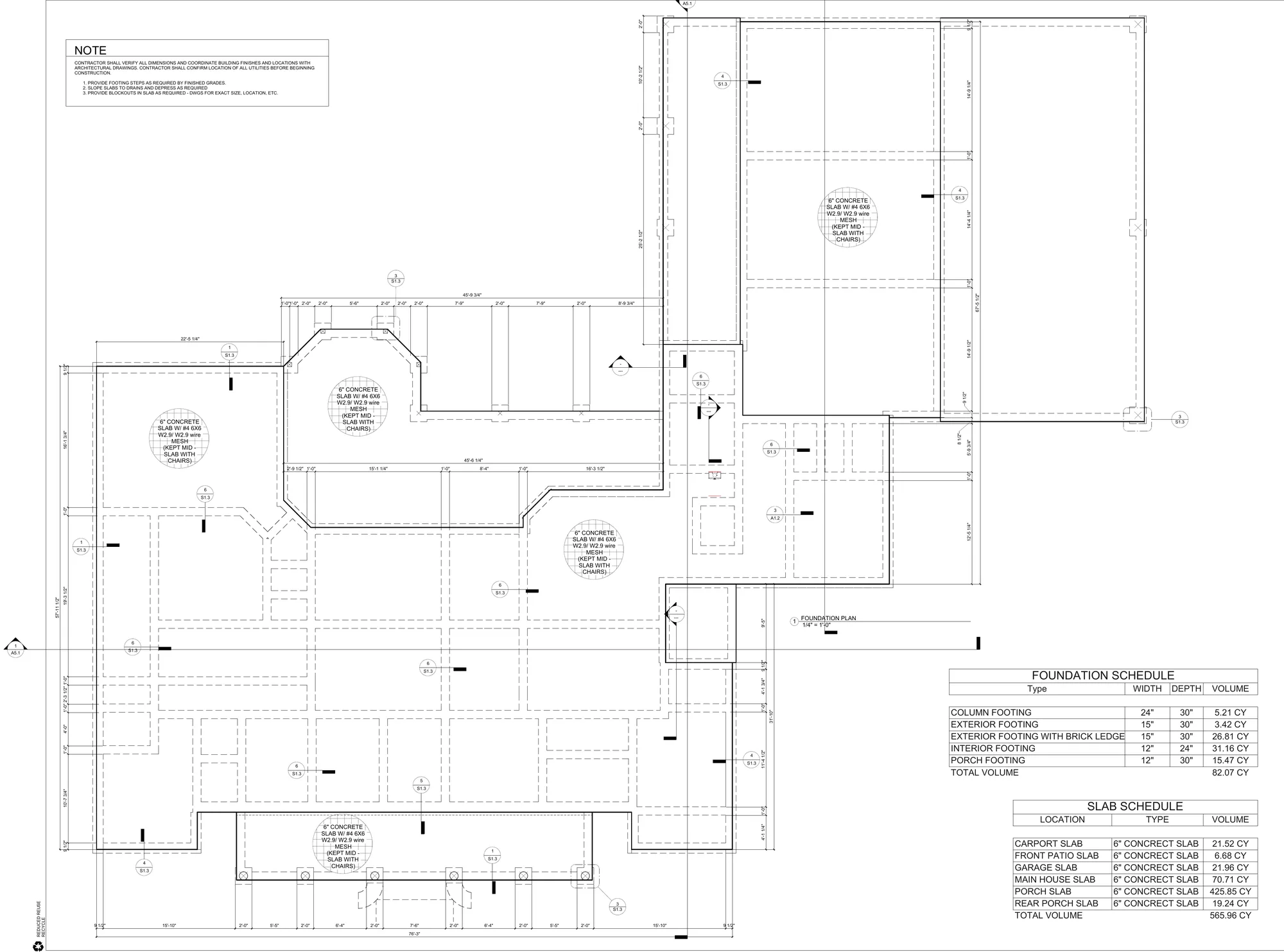 ONYRverse foundation plan sheet S1.2 for a 7,000 sq ft home with foundation and slab schedules