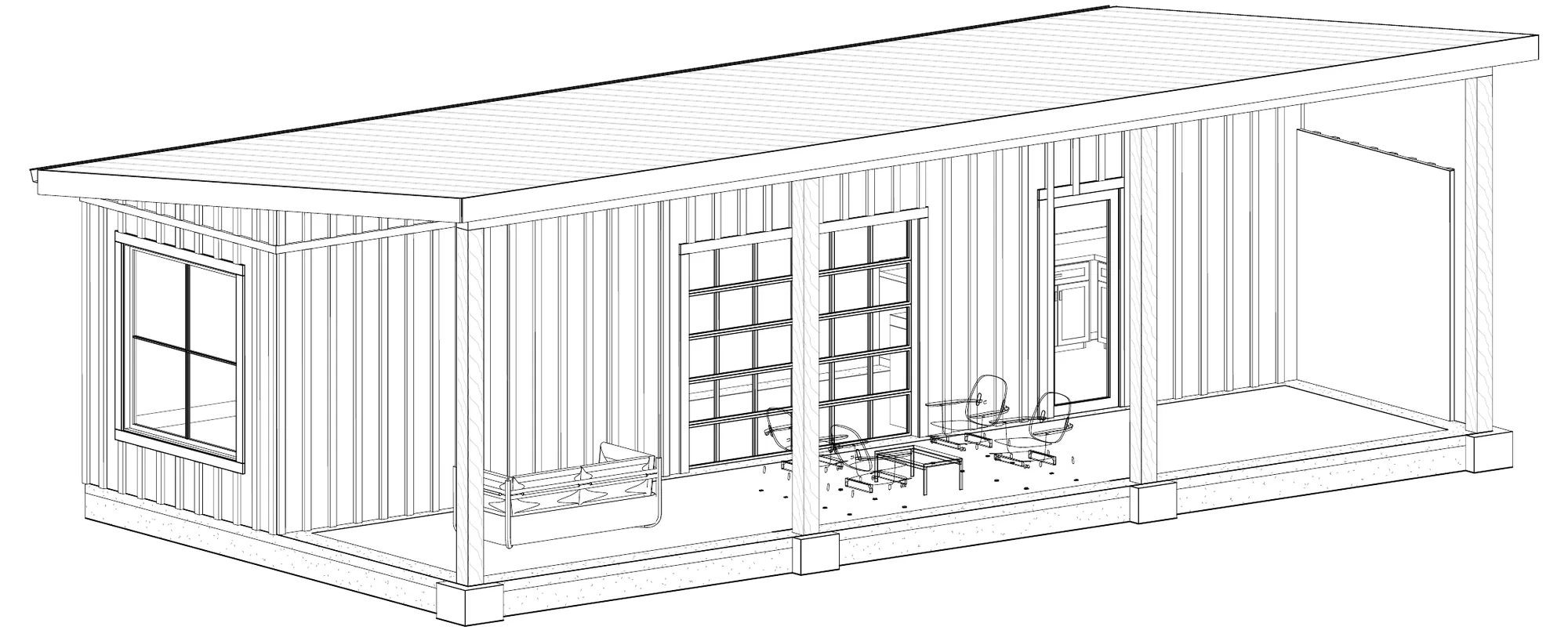 ONYRverse 3D model of a shipping container home with a full-length covered porch