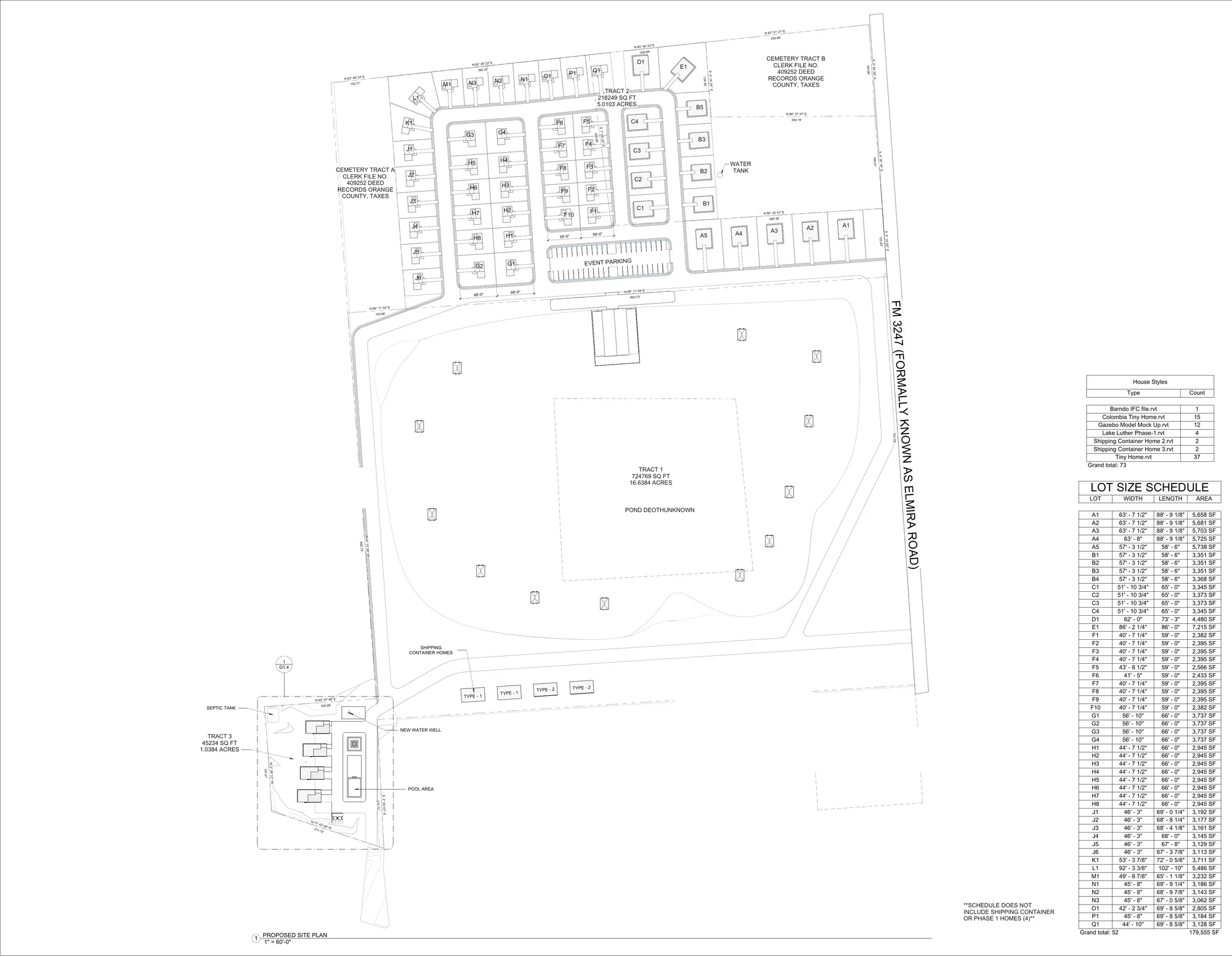ONYRverse proposed site plan for Lake Luther Phase 1 in Orange, TX, with lot layout, event parking and lot size schedule
