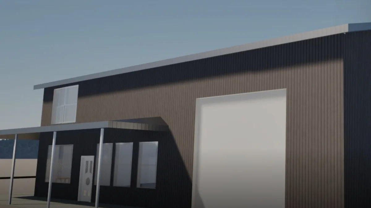 3D model render of a two-story barndominium in Silsbee, TX by ONYRverse