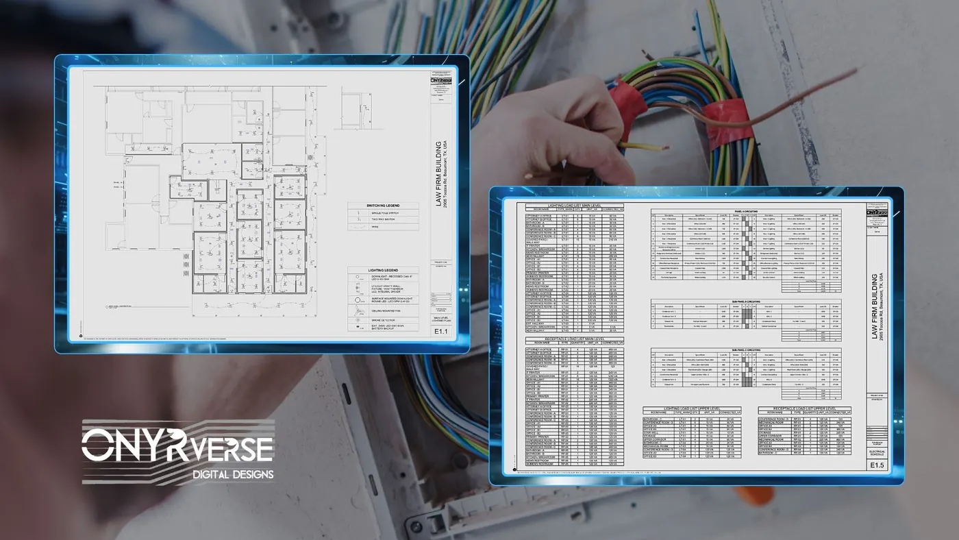 Electrical plan sheets showing power and lighting layouts for a building