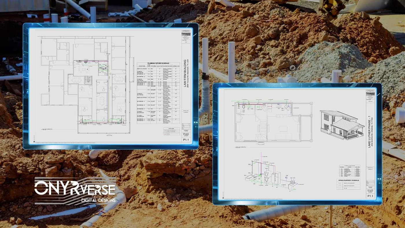 Plumbing plan sheets overlaid on a building site showing supply and drain layouts