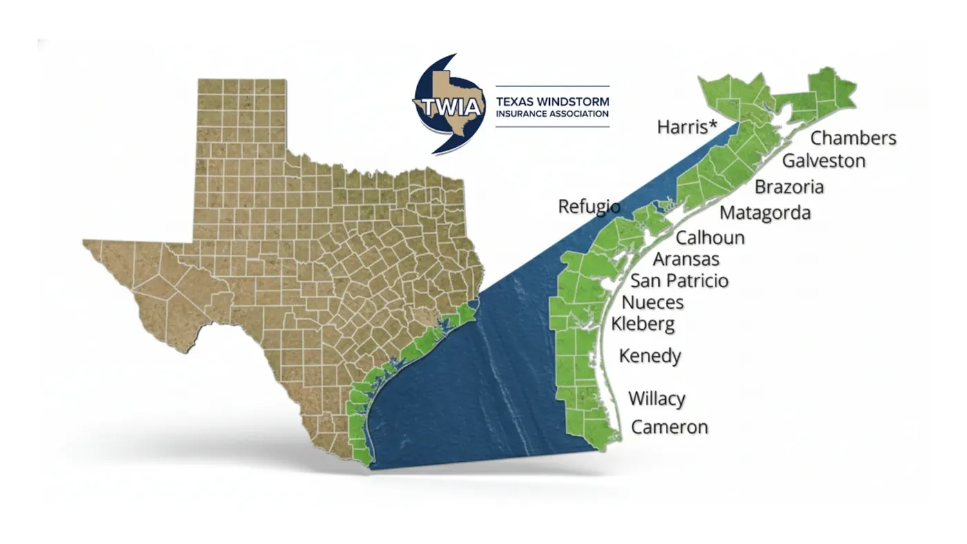 Map of the Texas coastal windstorm region that includes Chambers County and Stowell