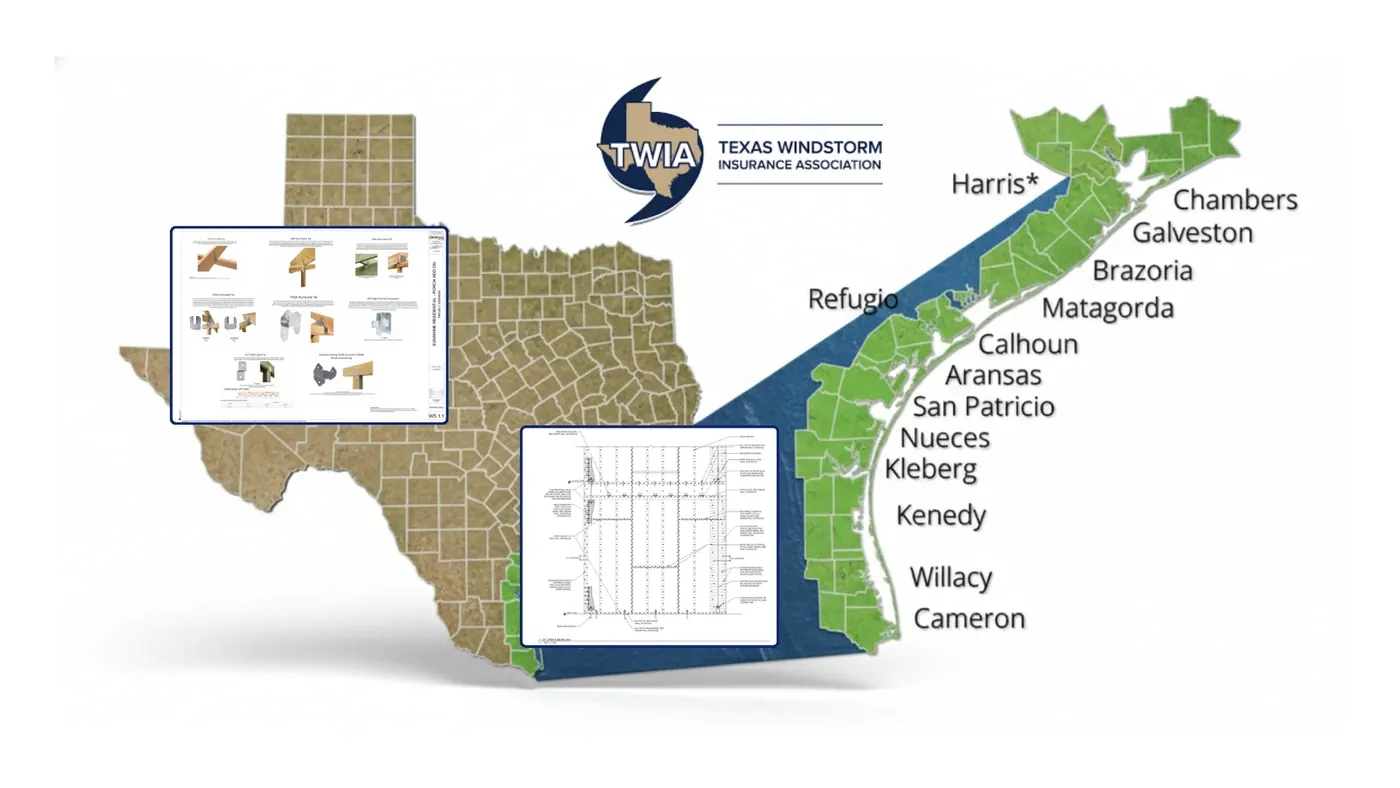 Texas windstorm region map alongside windstorm design drawings