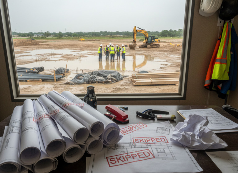 Construction site office desk with blueprints labeled Drainage, Structural Coordination, Wind Bracing, and Utility Routing—some stamped Skipped. Outside the window, a Southeast Texas job site shows standing water and halted crews, illustrating the risks of skipping design services. No people present.