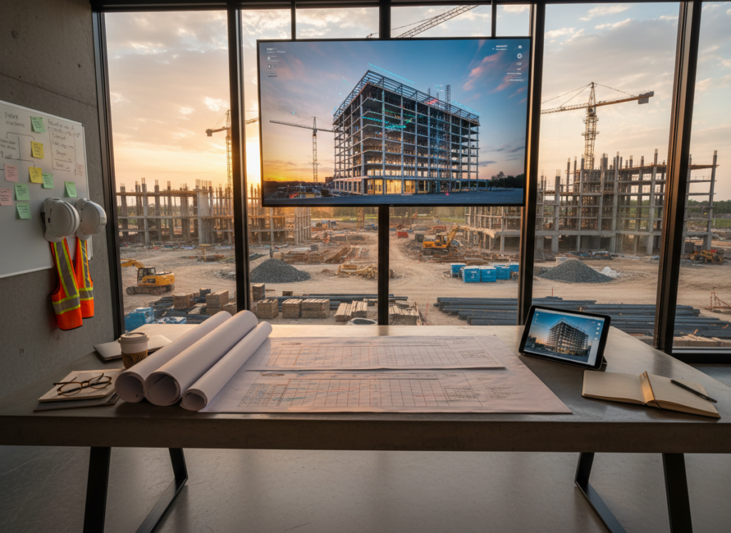Modern construction site office with architectural blueprints, digital 3D models on a large screen, and a view of an active Southeast Texas job site—no people present, showcasing project management and design coordination