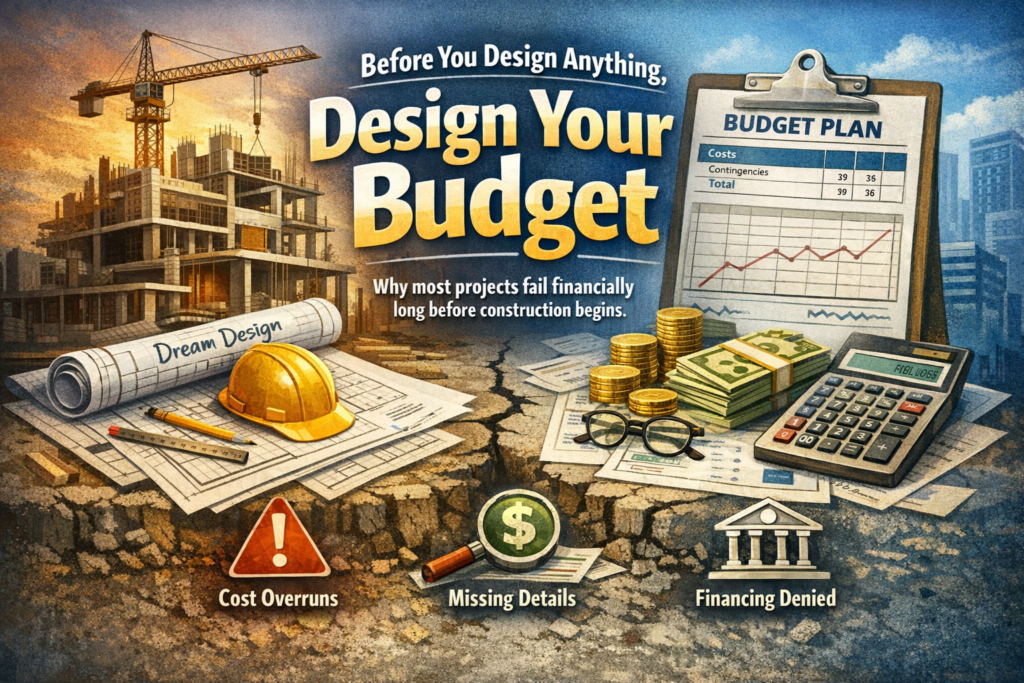 Construction project budgeting concept showing building plans, crane construction site, calculator, and financial documents illustrating why budget planning must come before architectural design.
